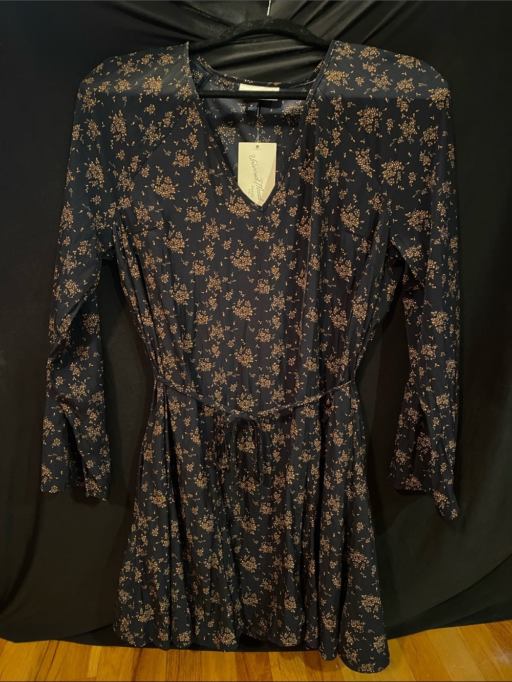 Universal Thread Navy Blue Floral Long-Sleeve Tie-Waist Dress